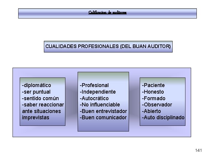 Calificacion de auditores CUALIDADES PROFESIONALES (DEL BUAN AUDITOR) -diplomático -ser puntual -sentido común -saber