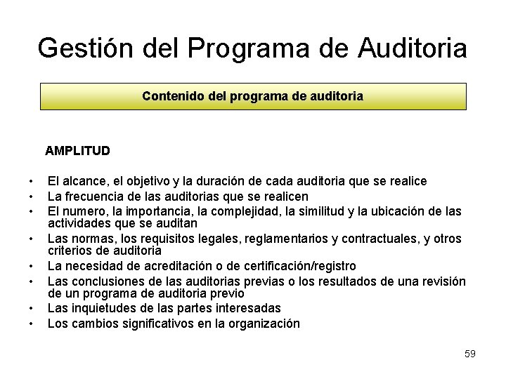 Gestión del Programa de Auditoria Contenido del programa de auditoria AMPLITUD • • El