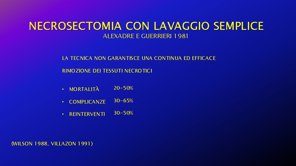 NECROSECTOMIA CON LAVAGGIO SEMPLICE ALEXADRE E GUERRIERI 1981 LA TECNICA NON GARANTISCE UNA CONTINUA