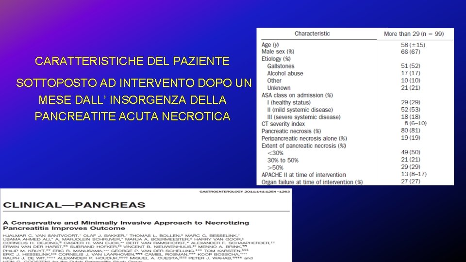 CARATTERISTICHE DEL PAZIENTE SOTTOPOSTO AD INTERVENTO DOPO UN MESE DALL’ INSORGENZA DELLA PANCREATITE ACUTA