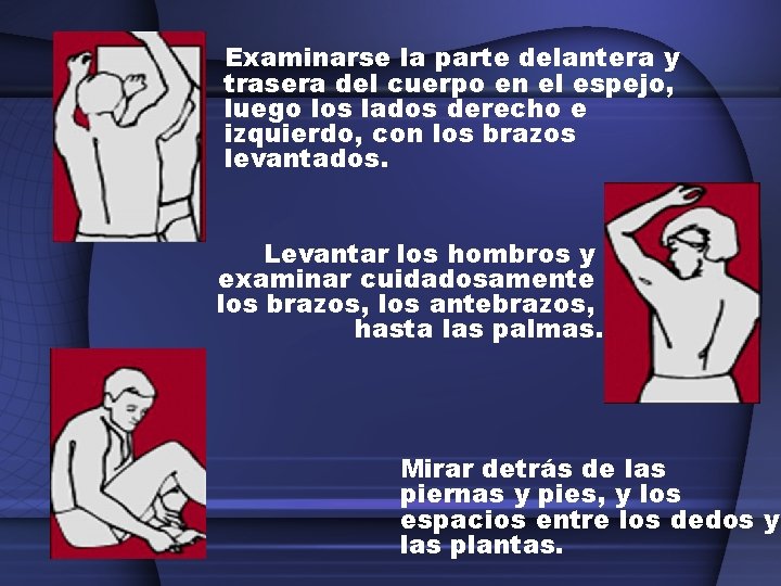 Examinarse la parte delantera y trasera del cuerpo en el espejo, luego los lados