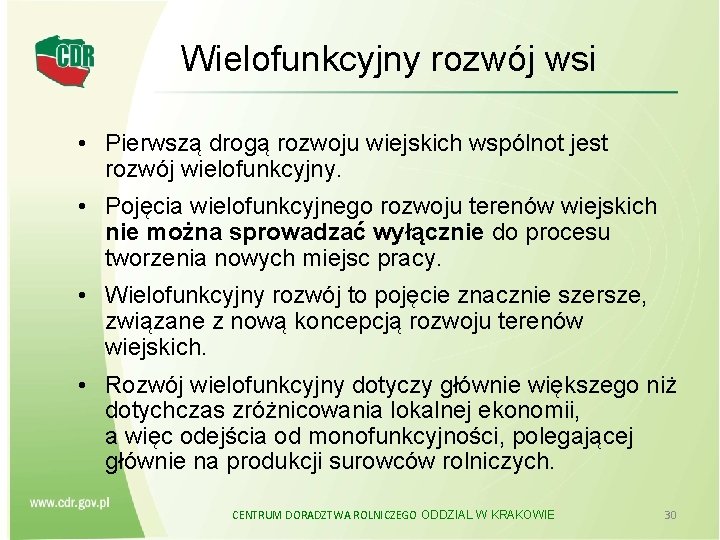 Wielofunkcyjny rozwój wsi • Pierwszą drogą rozwoju wiejskich wspólnot jest rozwój wielofunkcyjny. • Pojęcia