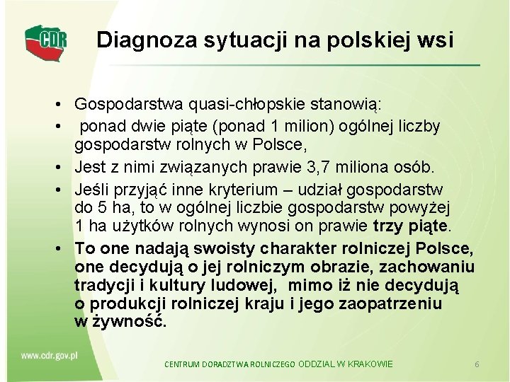 Diagnoza sytuacji na polskiej wsi • Gospodarstwa quasi-chłopskie stanowią: • ponad dwie piąte (ponad