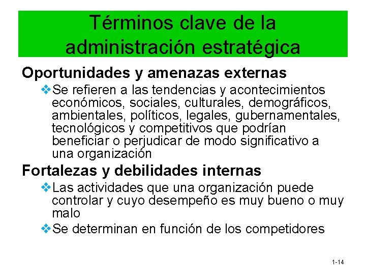Términos clave de la administración estratégica Oportunidades y amenazas externas v. Se refieren a Términos clave de la administración estratégica Oportunidades y amenazas externas v. Se refieren a