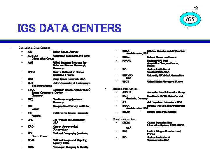 IGS DATA CENTERS • Operational Data Centers – ASI Italian Space Agency – AUSLIG IGS DATA CENTERS • Operational Data Centers – ASI Italian Space Agency – AUSLIG