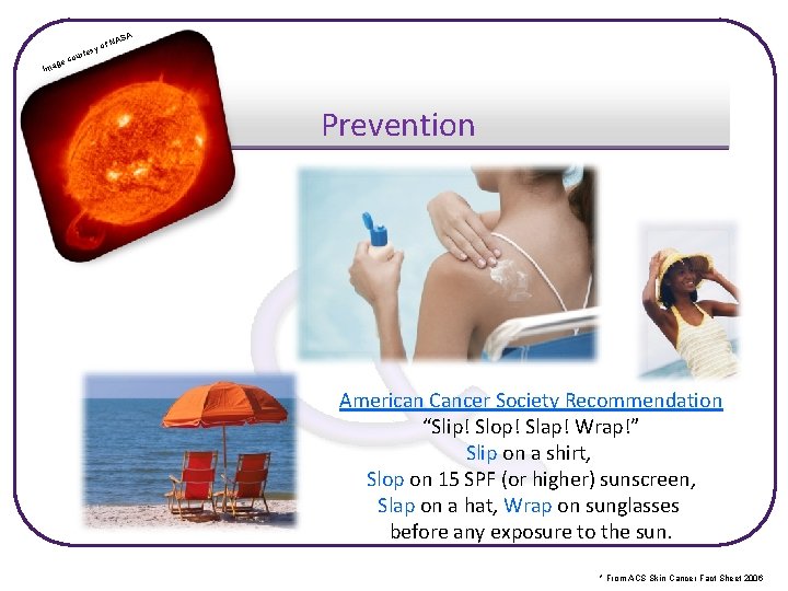 SA f NA o y rtes cou ge Ima Prevention American Cancer Society Recommendation