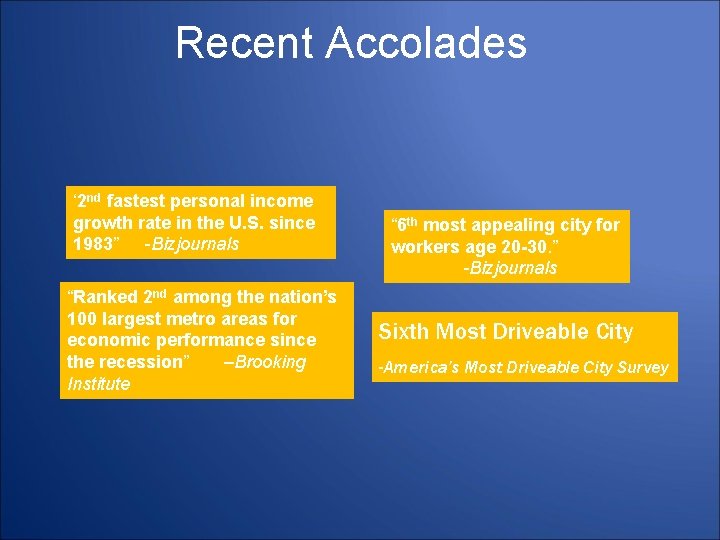 Recent Accolades ‘ 2 nd fastest personal income growth rate in the U. S.