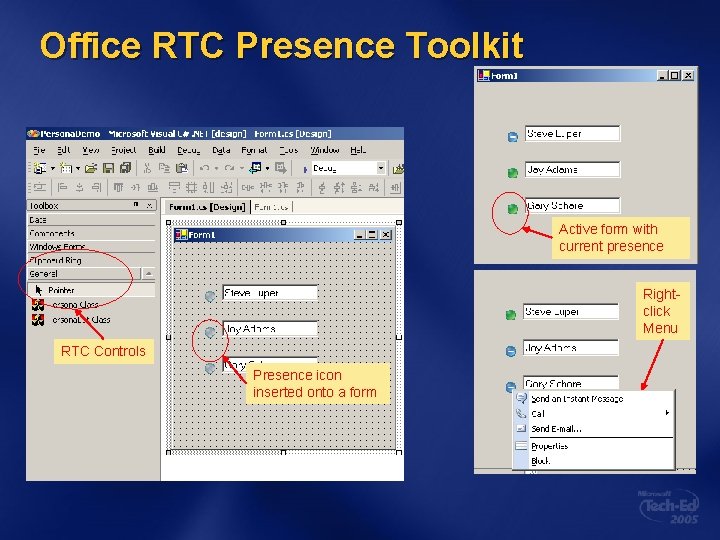 Office RTC Presence Toolkit Active form with current presence Rightclick Menu RTC Controls Presence