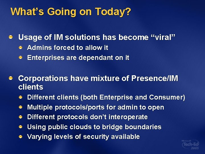 What’s Going on Today? Usage of IM solutions has become “viral” Admins forced to