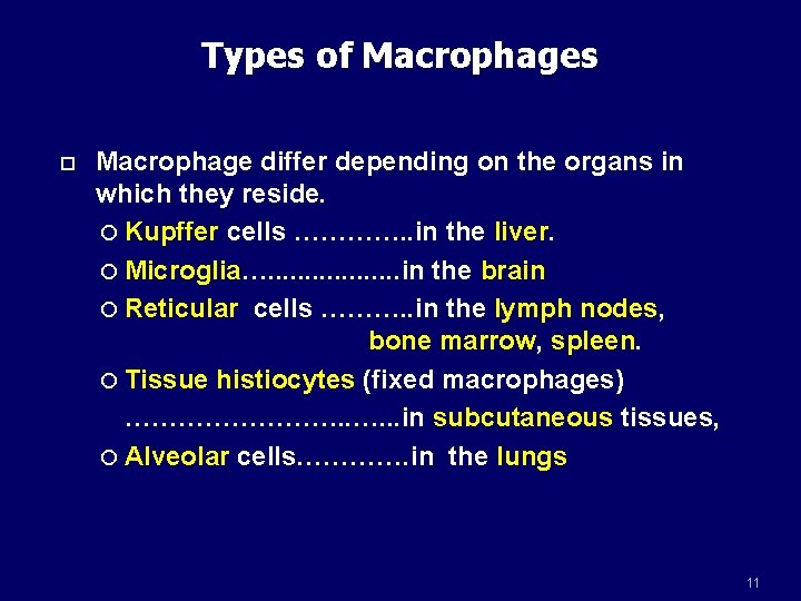 Types of Macrophages Macrophage differ depending on the organs in which they reside. Kupffer
