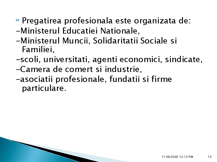 Pregatirea profesionala este organizata de: -Ministerul Educatiei Nationale, -Ministerul Muncii, Solidaritatii Sociale si Familiei,