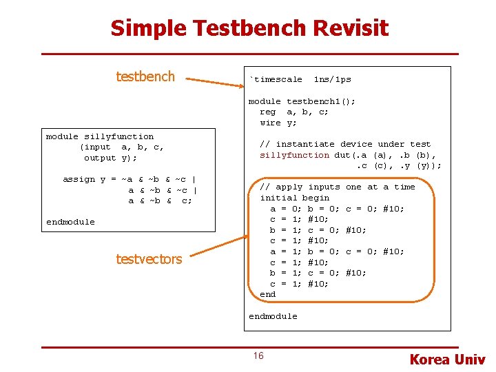 Simple Testbench Revisit testbench `timescale 1 ns/1 ps module testbench 1(); reg a, b,