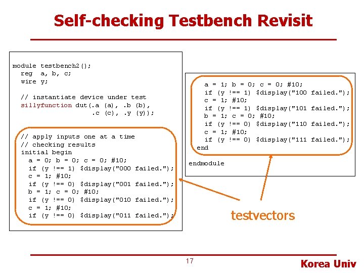 Self-checking Testbench Revisit module testbench 2(); reg a, b, c; wire y; a =