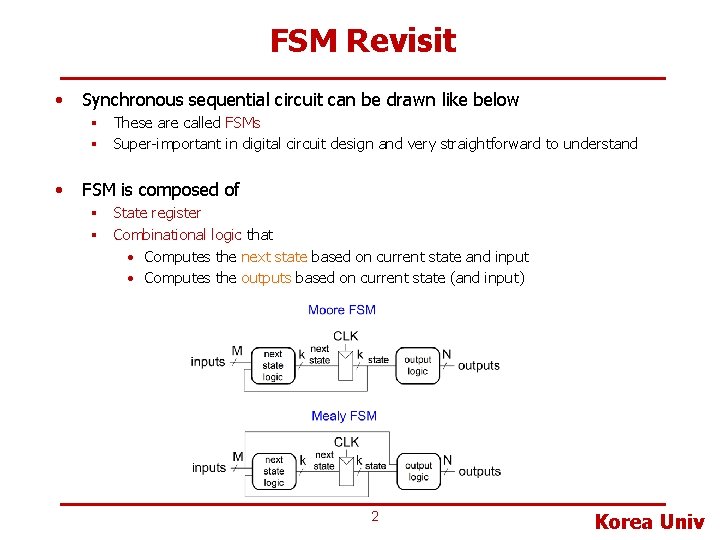 FSM Revisit • Synchronous sequential circuit can be drawn like below § These are