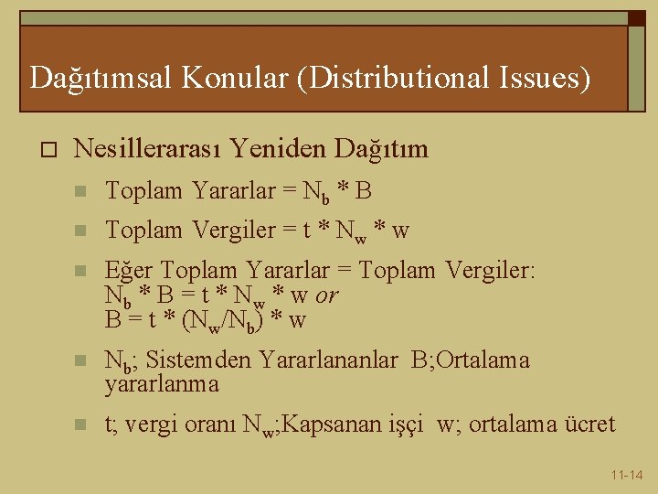 Dağıtımsal Konular (Distributional Issues) o Nesillerarası Yeniden Dağıtım n Toplam Yararlar = Nb *