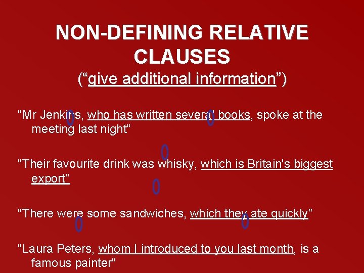 NON-DEFINING RELATIVE CLAUSES (“give additional information”) "Mr Jenkins, who has written several books, spoke