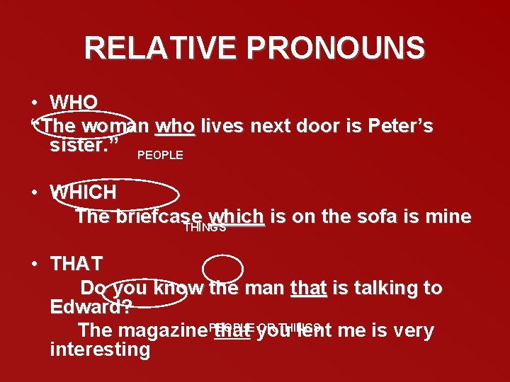 RELATIVE PRONOUNS • WHO “The woman who lives next door is Peter’s sister. ”