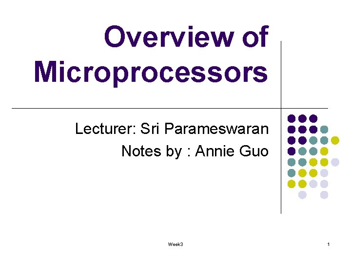 Overview of Microprocessors Lecturer: Sri Parameswaran Notes by : Annie Guo Week 3 1