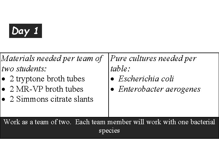 Day 1 Materials needed per team of two students: 2 tryptone broth tubes 2 Day 1 Materials needed per team of two students: 2 tryptone broth tubes 2