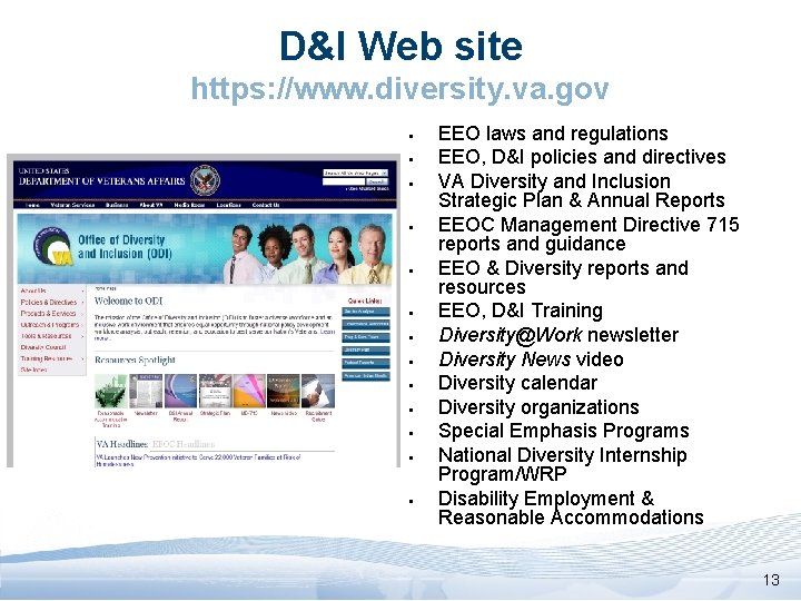 D&I Web site https: //www. diversity. va. gov § § § § EEO laws