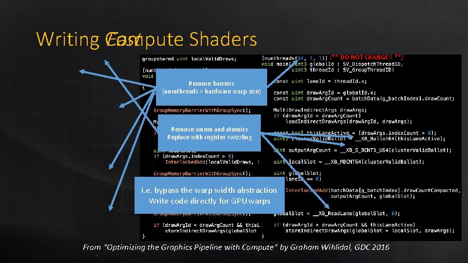 Writing Compute Fast Shaders /** DO NOT CHANGE!! **/ Remove barriers (numthreads = hardware