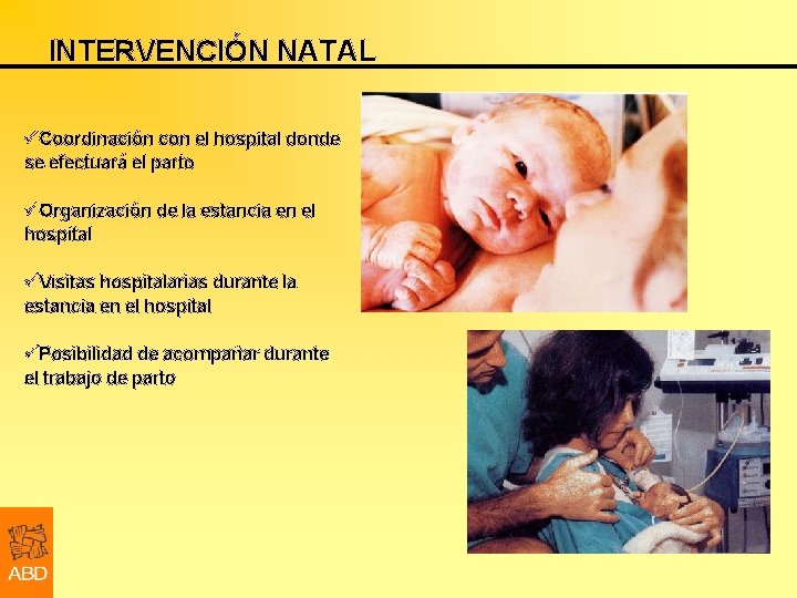 INTERVENCIÓN NATAL üCoordinación con el hospital donde se efectuará el parto üOrganización de la