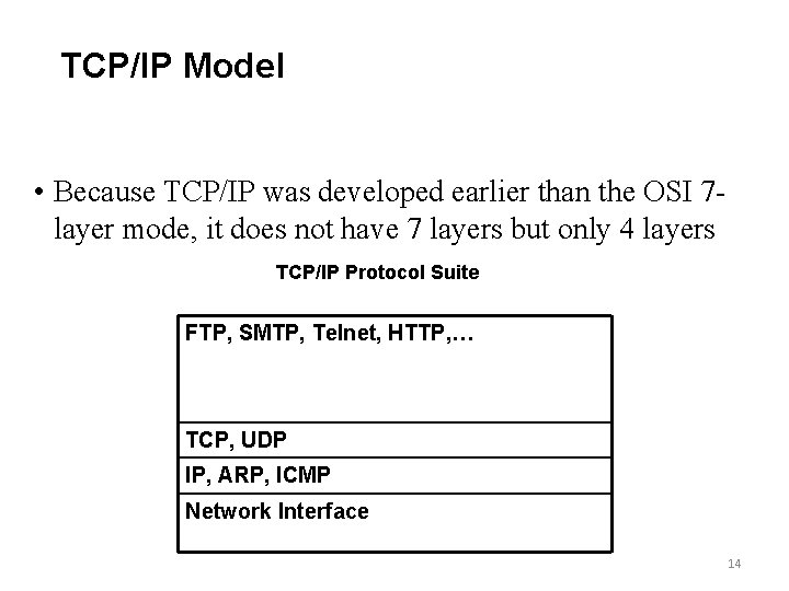 TCP/IP Model • Because TCP/IP was developed earlier than the OSI 7 layer mode,