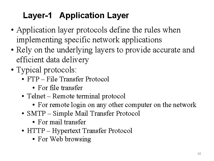 Layer-1 Application Layer • Application layer protocols define the rules when implementing specific network