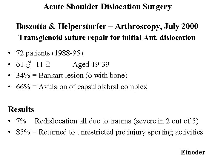 Acute Shoulder Dislocation Surgery Boszotta & Helperstorfer – Arthroscopy, July 2000 Transglenoid suture repair
