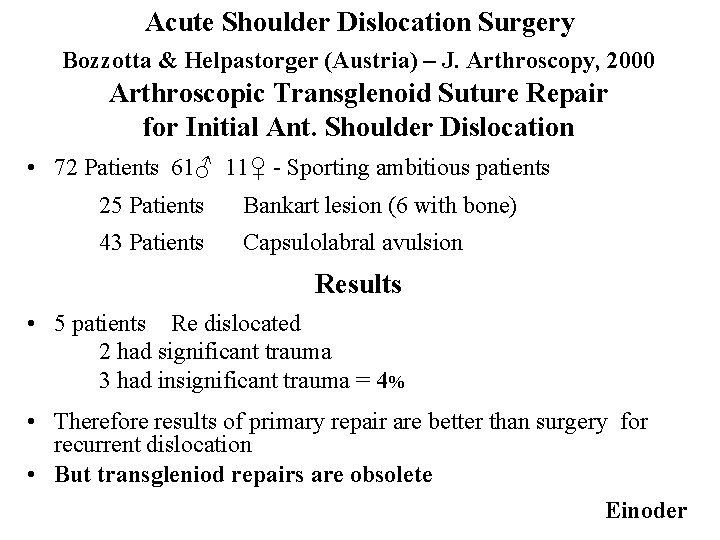 Acute Shoulder Dislocation Surgery Bozzotta & Helpastorger (Austria) – J. Arthroscopy, 2000 Arthroscopic Transglenoid