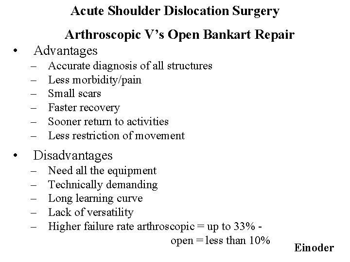 Acute Shoulder Dislocation Surgery • Arthroscopic V’s Open Bankart Repair Advantages – – –