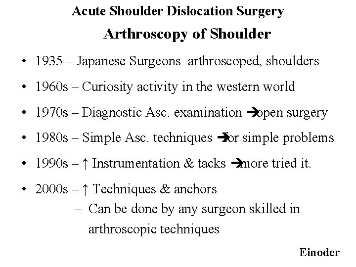 Acute Shoulder Dislocation Surgery Arthroscopy of Shoulder • 1935 – Japanese Surgeons arthroscoped, shoulders