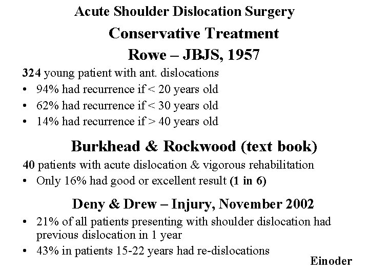 Acute Shoulder Dislocation Surgery Conservative Treatment Rowe – JBJS, 1957 324 young patient with