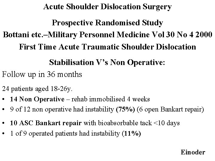 Acute Shoulder Dislocation Surgery Prospective Randomised Study Bottani etc. –Military Personnel Medicine Vol 30