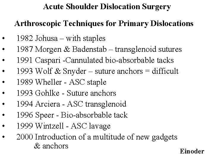 Acute Shoulder Dislocation Surgery Arthroscopic Techniques for Primary Dislocations • • • 1982 Johusa