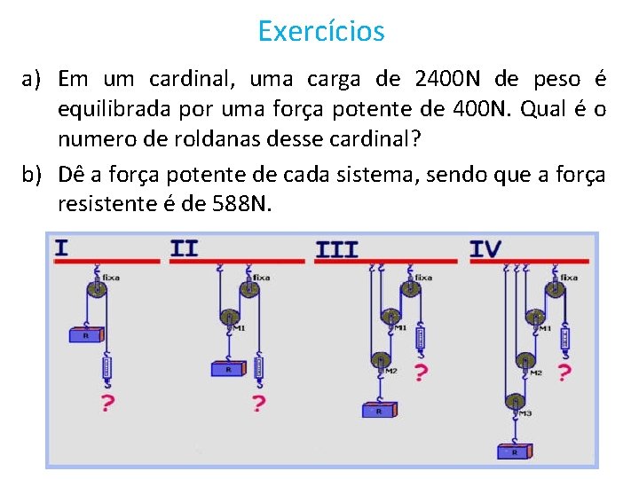 Exercícios a) Em um cardinal, uma carga de 2400 N de peso é equilibrada