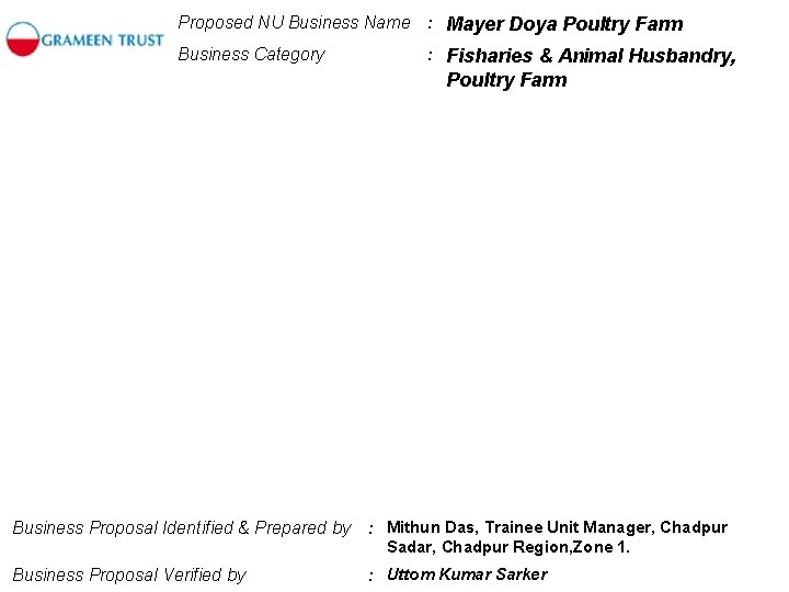 Proposed NU Business Name : Mayer Doya Poultry Farm Business Category : Fisharies &