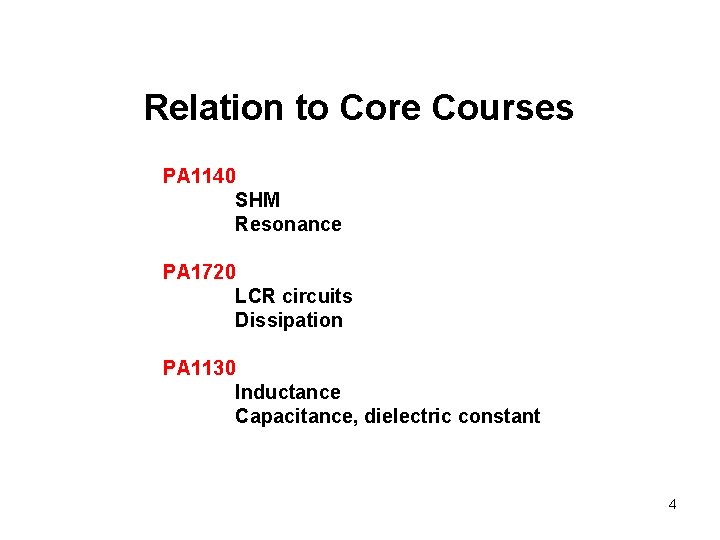 Relation to Core Courses PA 1140 SHM Resonance PA 1720 LCR circuits Dissipation PA Relation to Core Courses PA 1140 SHM Resonance PA 1720 LCR circuits Dissipation PA