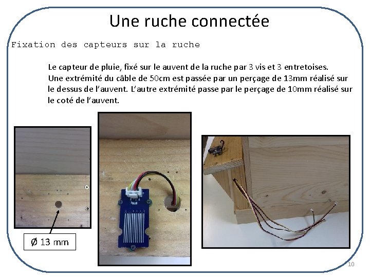 Une ruche connectée Fixation des capteurs sur la ruche Le capteur de pluie, fixé