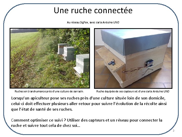 Une ruche connectée Au réseau Sig. Fox, avec carte Arduino UNO Ruches en transhumance