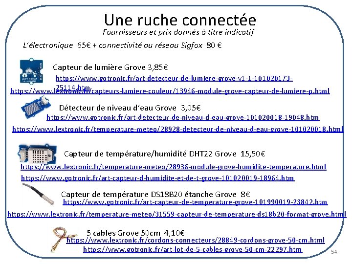 Une ruche connectée Fournisseurs et prix donnés à titre indicatif L’électronique 65€ + connectivité