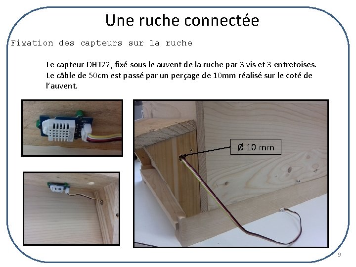 Une ruche connectée Fixation des capteurs sur la ruche Le capteur DHT 22, fixé