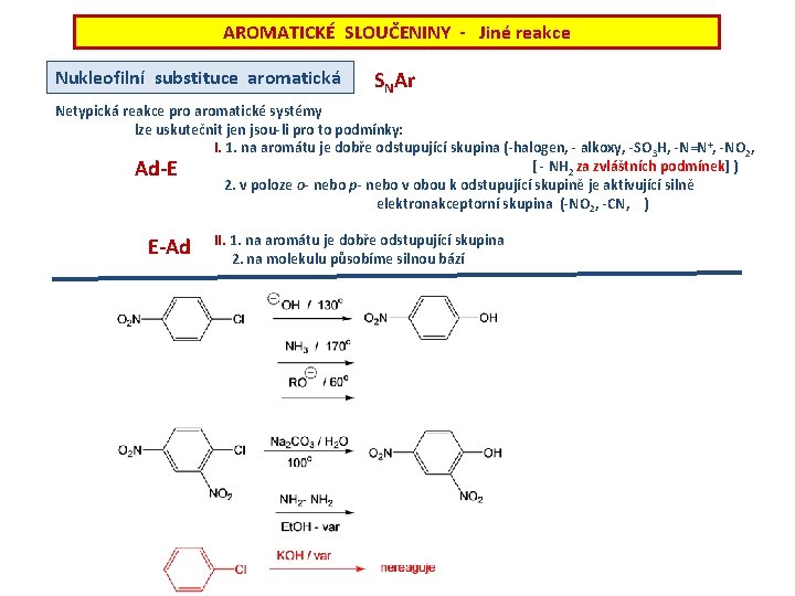 AROMATICKÉ SLOUČENINY - Jiné reakce Nukleofilní substituce aromatická SNAr Netypická reakce pro aromatické systémy