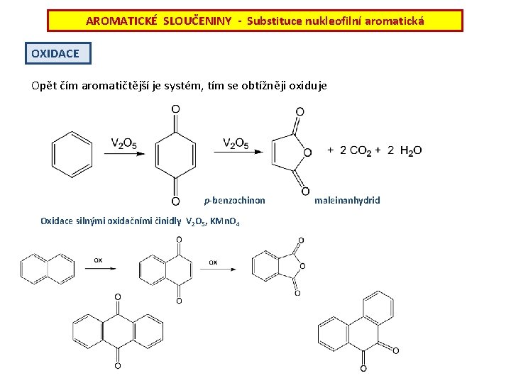 AROMATICKÉ SLOUČENINY - Substituce nukleofilní aromatická OXIDACE Opět čím aromatičtější je systém, tím se