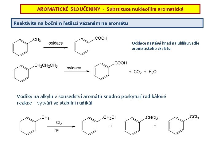 AROMATICKÉ SLOUČENINY - Substituce nukleofilní aromatická Reaktivita na bočním řetězci vázaném na aromátu Oxidace