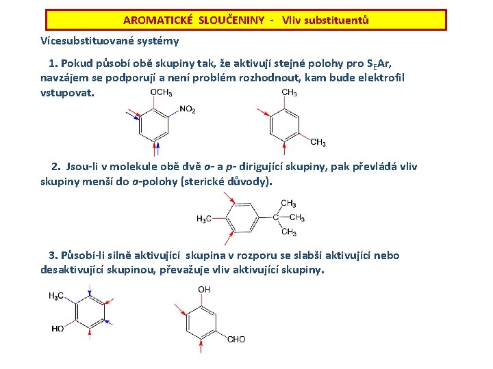 AROMATICKÉ SLOUČENINY - Vliv substituentů Vícesubstituované systémy 1. Pokud působí obě skupiny tak, že