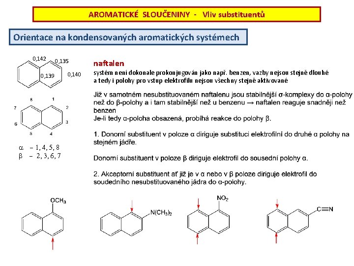 AROMATICKÉ SLOUČENINY - Vliv substituentů Orientace na kondensovaných aromatických systémech 0, 142 0, 135