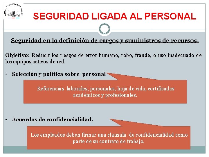 SEGURIDAD LIGADA AL PERSONAL Seguridad en la definición de cargos y suministros de recursos.