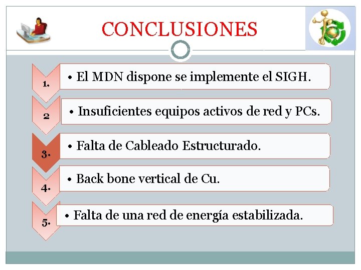  CONCLUSIONES 1. 2 3. 4. 5. • El MDN dispone se implemente el