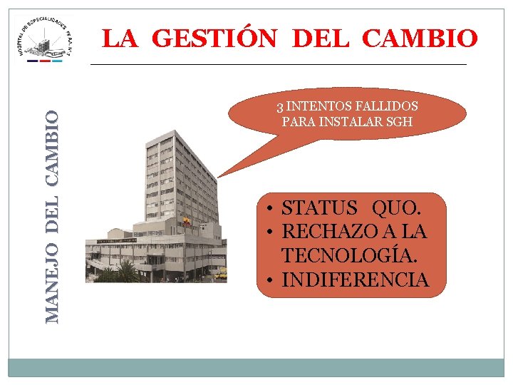 MANEJO DEL CAMBIO LA GESTIÓN DEL CAMBIO 3 INTENTOS FALLIDOS PARA INSTALAR SGH •